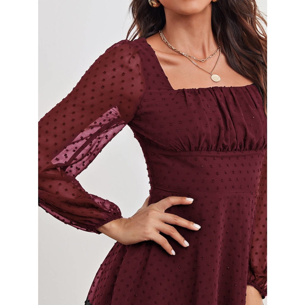 sheer long sleeve Ruched Bust Lantern Sleeve Swiss Dot mini Dress mauve pink - Picture 6 of 12